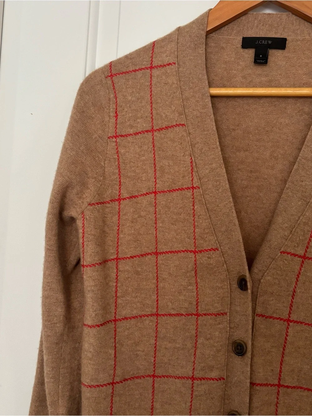 J Crew wool cashmere blend windowpane plaid cardigan Small tan red v neck